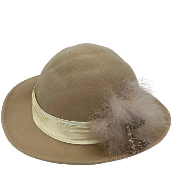 Doeskin Geo W Bollman & Co Felt Wool Hat Made in USA Vintage Beige Feather